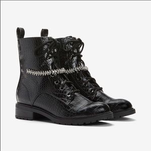 Express Gemstone Strap Croc Embossed Combat Boots